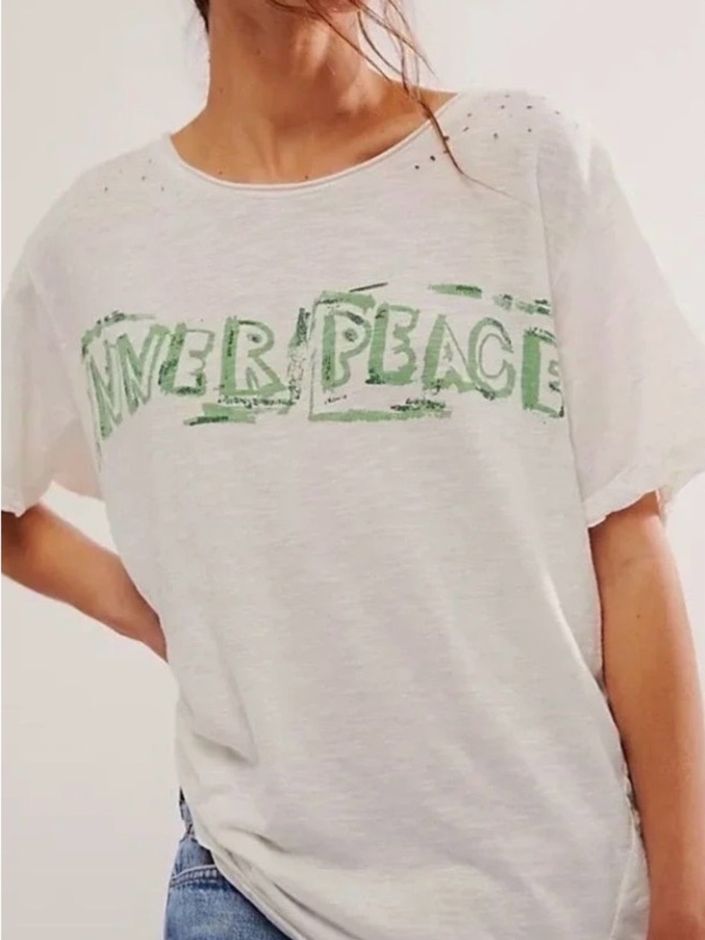 Magnolia Pearl Inner Peace. Boyfriend Tee with Green Distressed Graphic